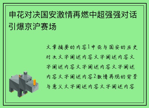 申花对决国安激情再燃中超强强对话引爆京沪赛场